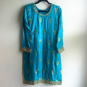Aqua Blue Handmade 3-piece Silk Suit with Gold Sequence Design | Brand New ID#3